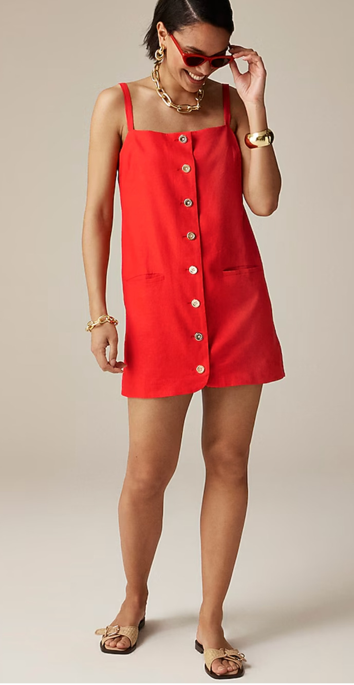 J Crew Claudia Button Front Linen Dress XXS 2XS Red CC077 J.Crew Coastal Resort